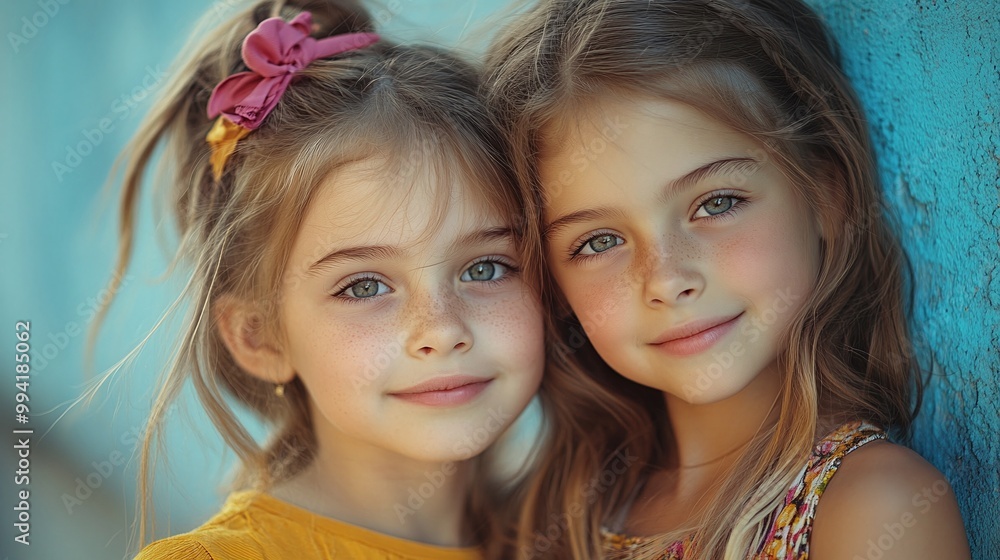 Fototapeta premium two young girls smiling and standing together representing the joy of childhood friendship sibling bonding and family connection in a playful environment
