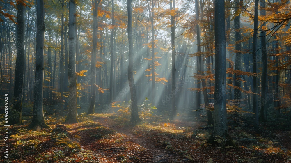 Autumn misty forest with light rays Autumn misty forest with light rays