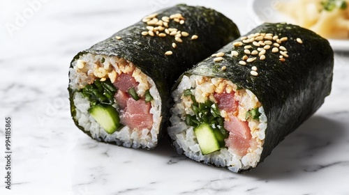 Seaweed wrapped sushirrito filled with fresh tuna cucumber rice and sesame seeds presented on a marble surface photo