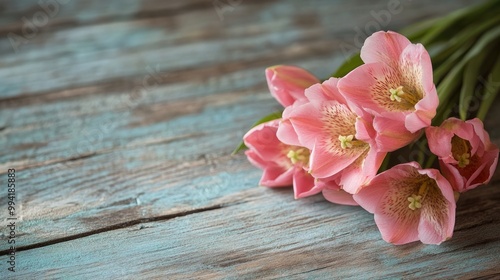 Pink flower bouquet resting on a rustic wooden surface