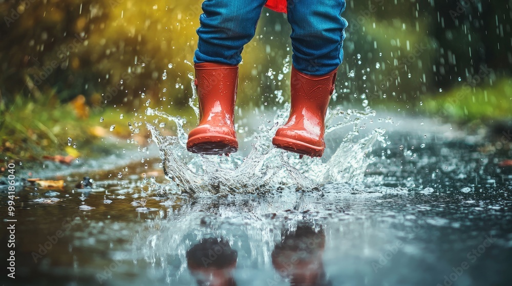 Child in rain boots joyfully jumps and splashes in a puddle while rain falls around them Child in rain boots joyfully jumps and splashes in a puddle while rain falls around them