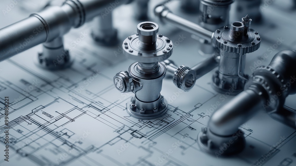 A close-up image of a blueprint with a variety of pipes and valves A close-up image of a blueprint with a variety of pipes and valves