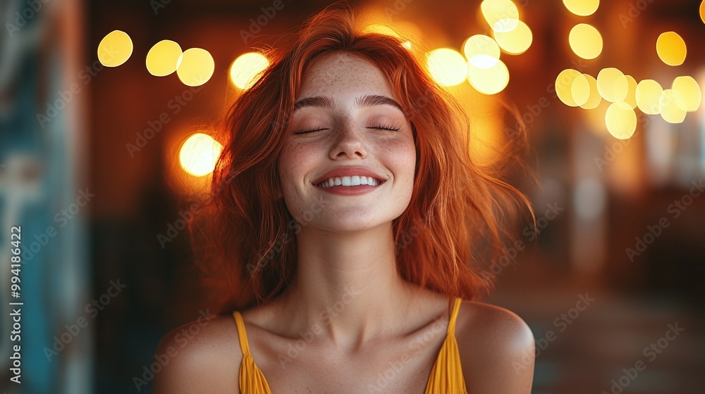 happy woman with red hair and a yellow dress smiling with a carefree attitude and vibrant personality enjoying life with soft glowing lights in the background happy woman with red hair and a yellow dress smiling with a carefree attitude and vibrant personality enjoying life with soft glowing lights in the background