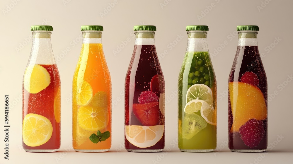 Five bottles featuring blended fruit juices in a variety of vibrant colors Five bottles featuring blended fruit juices in a variety of vibrant colors