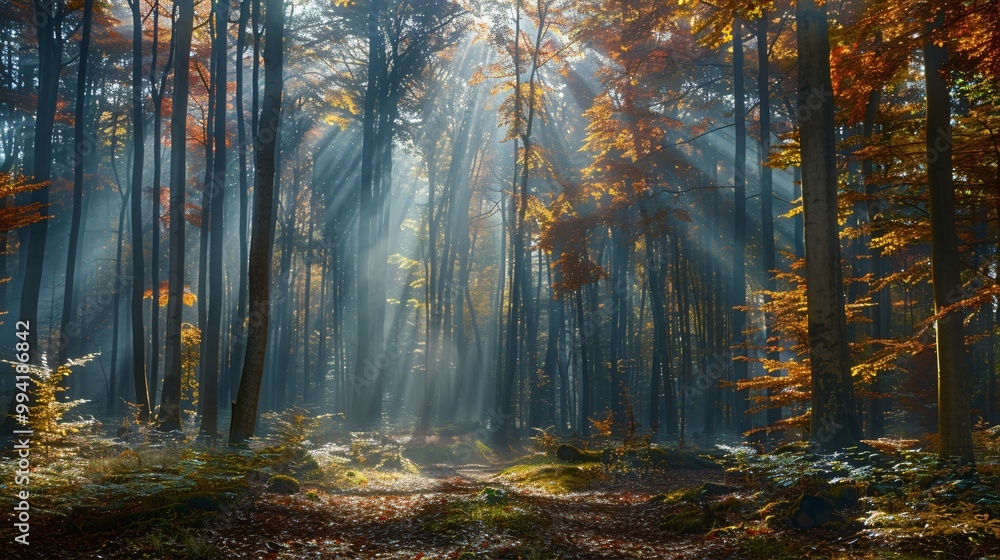 Autumn misty forest with light rays Autumn misty forest with light rays