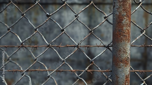 A detailed view of a chain link fence with rusted metal and barbed wire