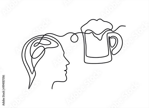 continuous modern drawing of a human head and brain thinking about beer, thinking about alcohol. Dependence on alcoholic beverages, vector linear illustration. drawing thoughts  in a man's head. 