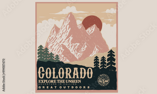 Colorado national park. Mountain summer camp club.  Adventure at the mountain graphic artwork for t shirt and others. Mountain with tree vintage print design. Modern art painting.
