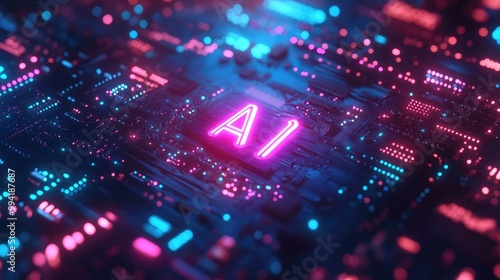 The term "AI" printed on a circuit board in luminous colors