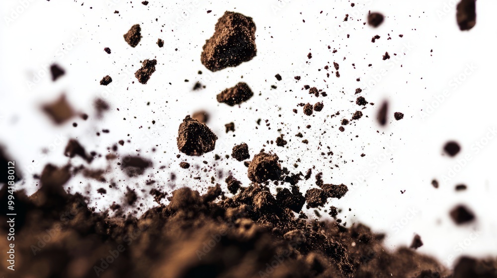 Closeup of brown soil particles flying up and scattering over white background. Closeup of brown soil particles flying up and scattering over white background.