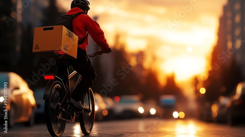 A delivery cyclist riding through the city during sunset, showcasing urban life and the gig economy in motion, highlighting the blend of nature and cityscapes.