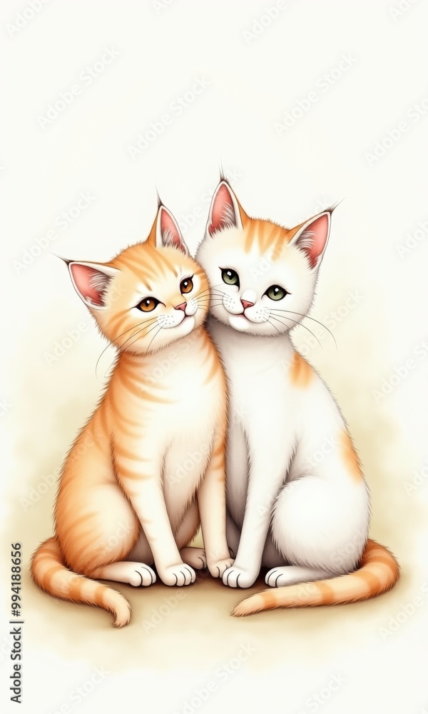 Obraz premium Adorable illustrated kittens cuddling together, perfect for pet-themed designs, greeting cards, or children's products.