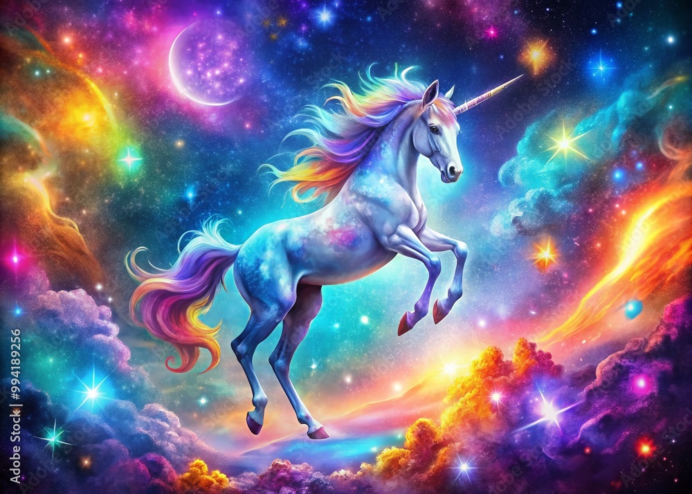 Fototapeta premium Enchanting Galaxy Unicorn Background with Vibrant Colors and Cosmic Elements for Fantasy Designs