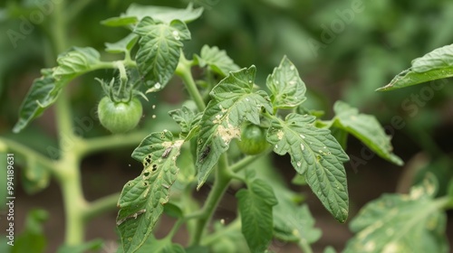 Tomato Plant with Damaged and Holed Leaves from Caterpillar Invasion, Resulting in Low Supply and High Prices in the Vegetable Market photo