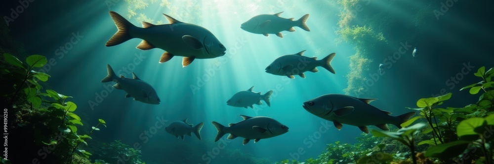 Fototapeta premium Explore the serene beauty of underwater life, featuring a graceful school of fish swimming in sunlit waters, perfect for marine conservation and nature-themed projects.