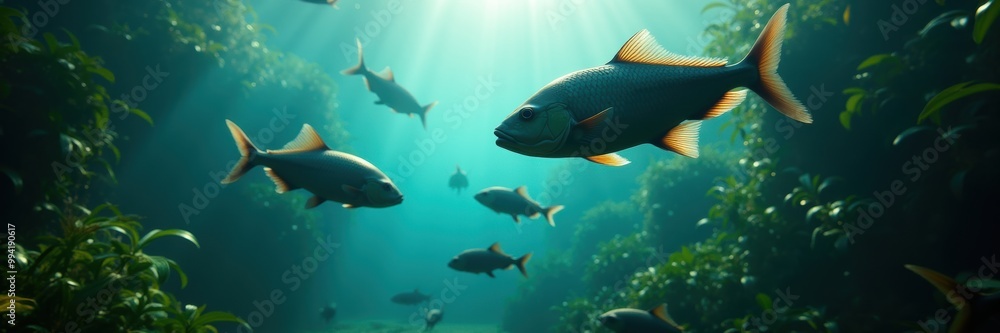 Naklejka premium Explore the serene underwater world, showcasing a school of fish swimming through vibrant aquatic plants and sunlight beams, perfect for nature and marine life themes.