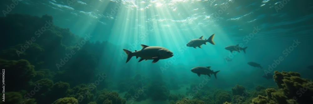 A serene underwater scene featuring schools of fish gliding through sunlit water, showcasing the beauty and tranquility of the ocean ecosystem. A serene underwater scene featuring schools of fish gliding through sunlit water, showcasing the beauty and tranquility of the ocean ecosystem.