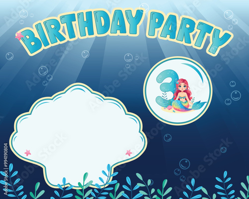 Template for birthday party invitation with cute mermaid girl and sea shell and pearl underwater. Vector Illustration in flat cartoon style