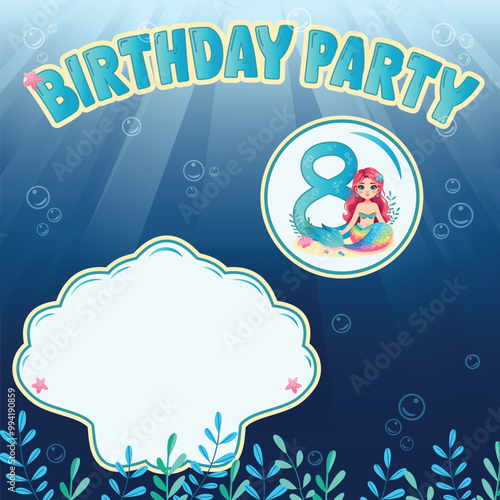 Template for birthday party invitation with cute mermaid girl and sea shell and pearl underwater. Vector Illustration in flat cartoon style