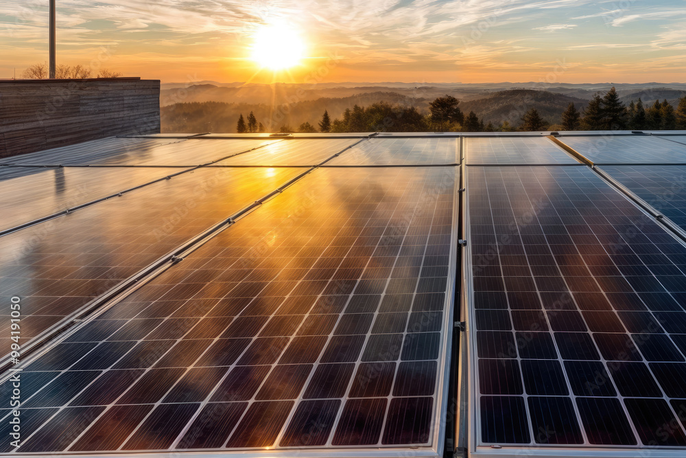 custom made wallpaper toronto digitalSolar panels generate clean energy on the rooftop of a residential home during sunset.