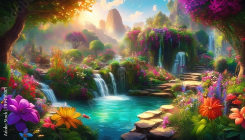 landscape with flowers and water