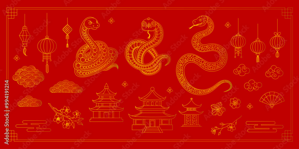 2025 Lunar Chinese New Year gold icons vector set. A red background with a snake, flower, clouds, lantern. 2025 Lunar Chinese New Year gold icons vector set. A red background with a snake, flower, clouds, lantern.