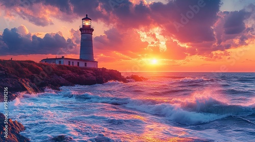 scenic sunset over a historic lighthouse on a rocky coast with dramatic waves hitting the cliffs and lighting up the horizon in an awe-inspiring coastal view