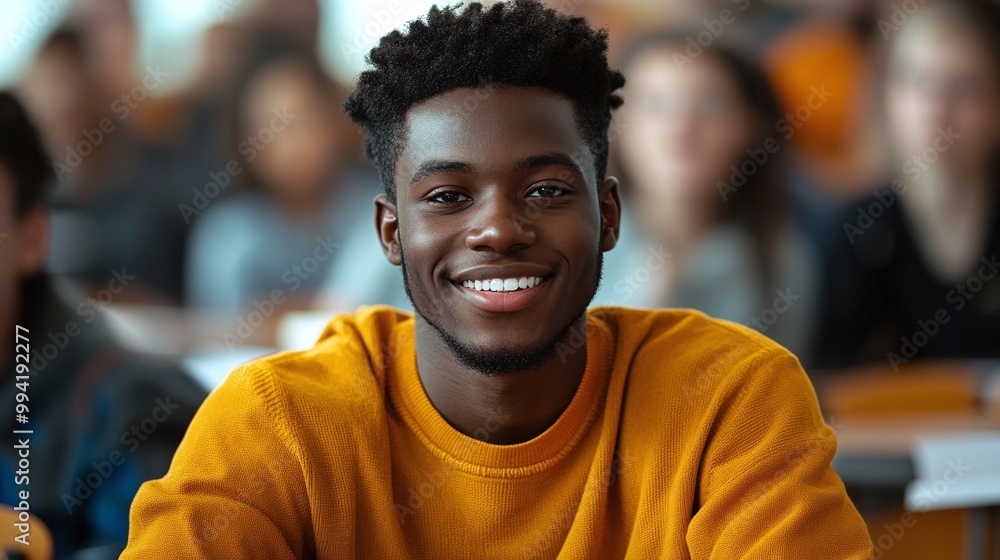 happy black university student attending lecture in a classroom and looking at the camera while studying and achieving academic success in a college environment happy black university student attending lecture in a classroom and looking at the camera while studying and achieving academic success in a college environment