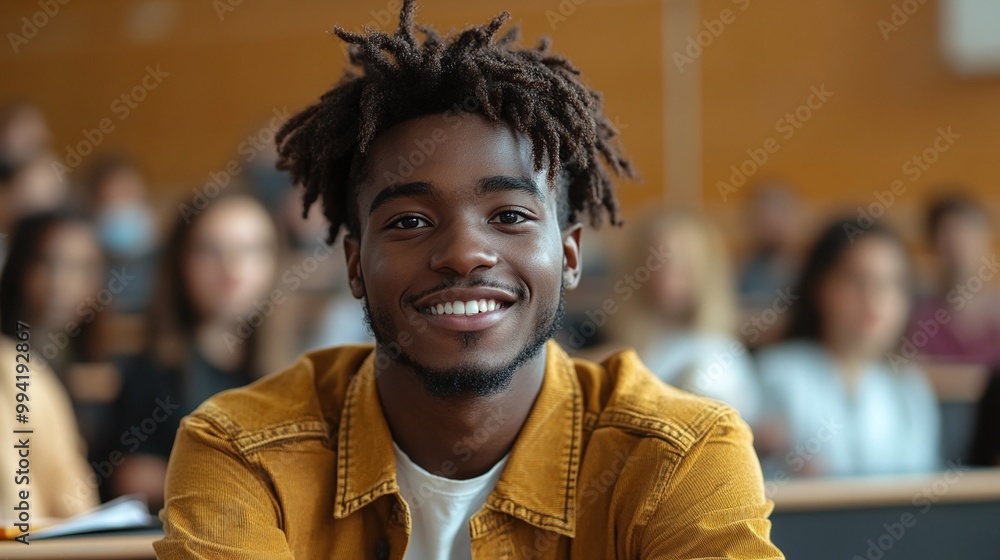 happy black university student attending lecture in a classroom and looking at the camera while studying and achieving academic success in a college environment happy black university student attending lecture in a classroom and looking at the camera while studying and achieving academic success in a college environment