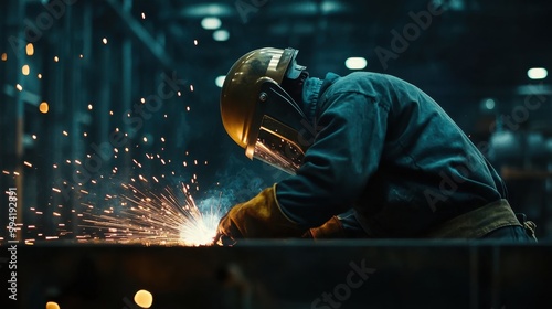 Welder Working with Protective Gear and Sparks Flying