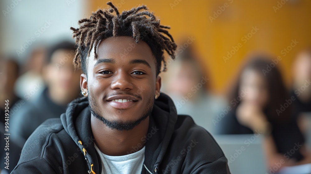 happy black university student attending lecture in a classroom and looking at the camera while studying and achieving academic success in a college environment happy black university student attending lecture in a classroom and looking at the camera while studying and achieving academic success in a college environment