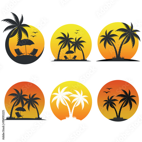 Set of icons with silhouettes of palm trees and sun loungers on a white background.
