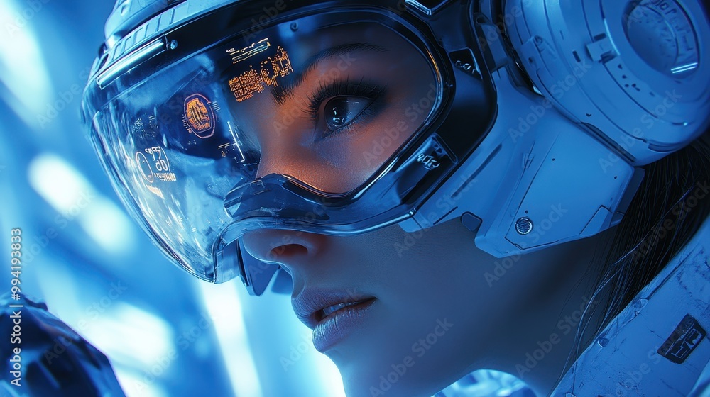 A close-up of a female astronaut in a futuristic helmet, showcasing advanced technology against a blue backdrop, capturing her focused expression. A close-up of a female astronaut in a futuristic helmet, showcasing advanced technology against a blue backdrop, capturing her focused expression.