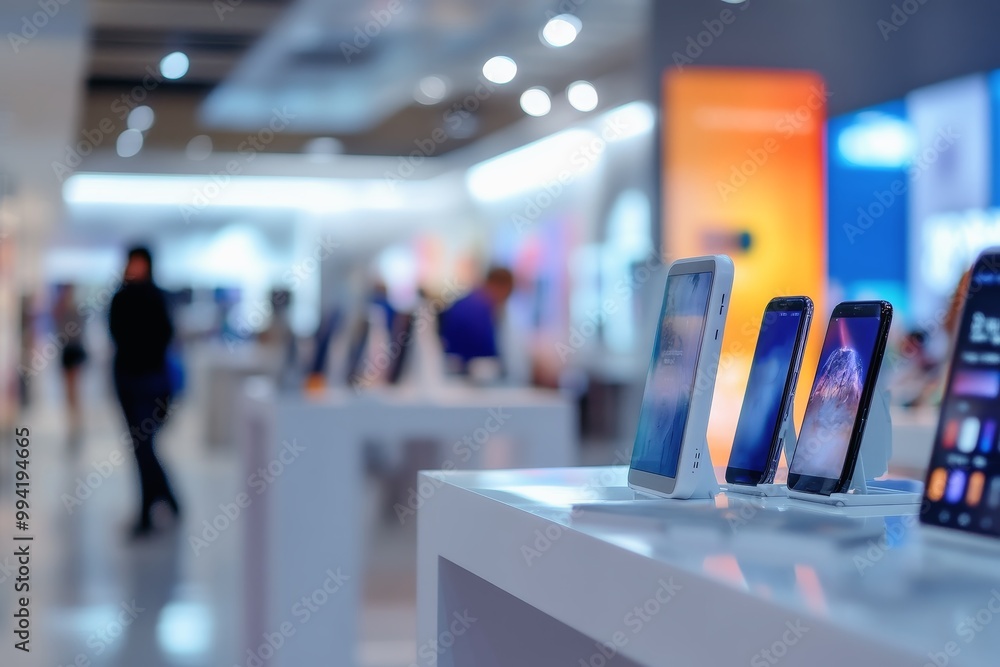 A smartphone shop with the cutting edge models and blurred people in the background. A smartphone shop with the cutting edge models and blurred people in the background.