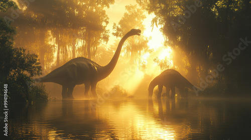 Fototapeta Naklejka Na Ścianę i Meble -  A pair of towering Sauropod dinosaurs drinking from a tranquil lake, surrounded by a misty, ancient forest. The water reflects their massive form