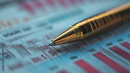 close up of a pen on a financial graph with numbers showcasing business data analysis and market trends for corporate financial planning and investment strategies