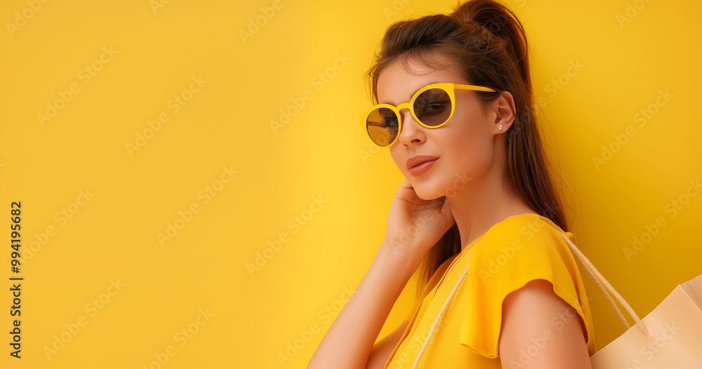 Young shopper with glasses and shopping bag in front of orange wall. Young shopper with glasses and shopping bag in front of orange wall.