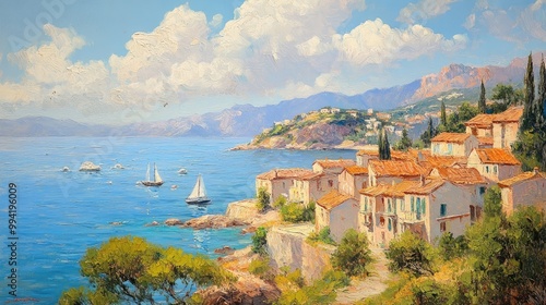 Oil painting of a small town by the Mediterranean Sea