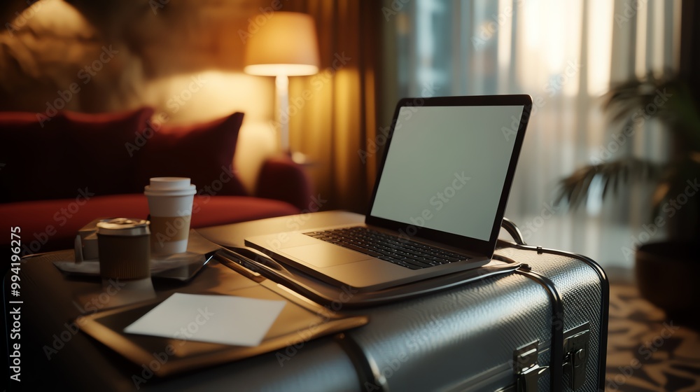 Fototapeta premium A modern workspace in a cozy hotel room, featuring a laptop, coffee, and stationery on a suitcase, with soft lighting and an inviting atmosphere.
