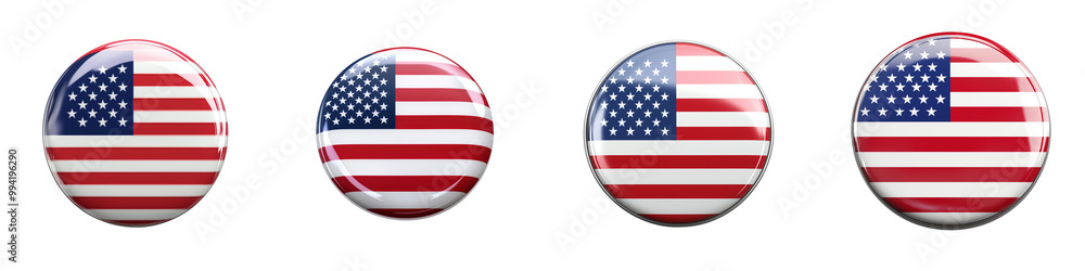 set of A The USA flag on the front of a round, glossy pinback button isolated on a transparent background set of A The USA flag on the front of a round, glossy pinback button isolated on a transparent background