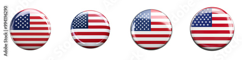 set of A The USA flag on the front of a round, glossy pinback button isolated on a transparent background