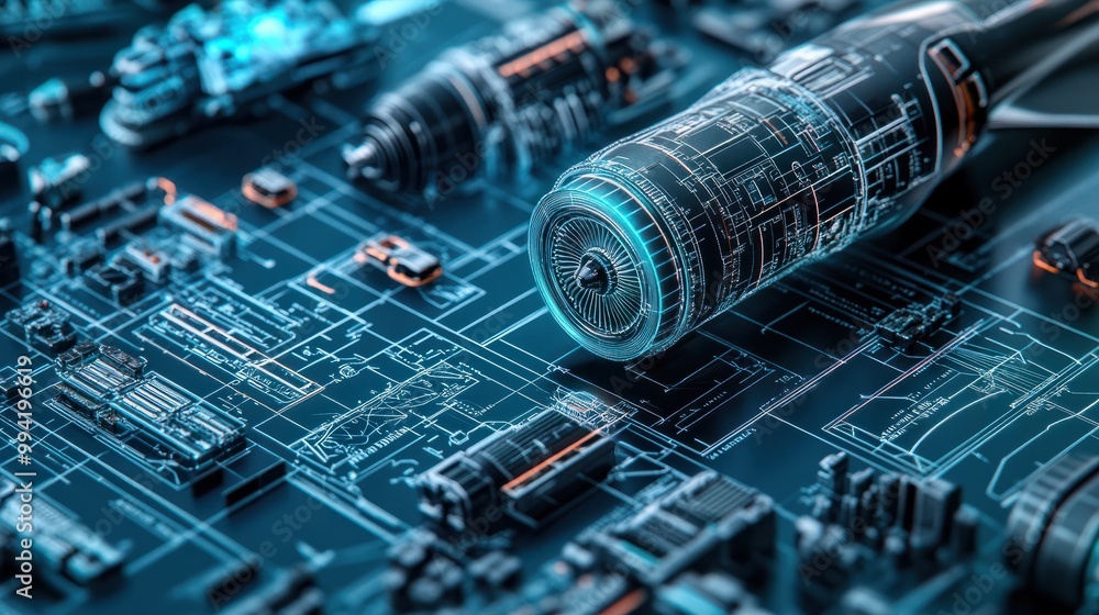 Detailed engineering blueprint showcasing an array of aeronautical components, emphasizing advanced aerospace technology, close-up Detailed engineering blueprint showcasing an array of aeronautical components, emphasizing advanced aerospace technology, close-up