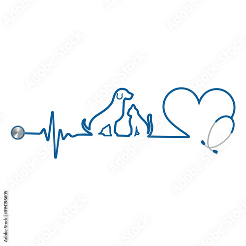 Illustration of a cardiogram with a dog and a cat with a heart on a white background
