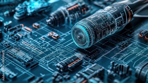 Detailed engineering blueprint showcasing an array of aeronautical components, emphasizing advanced aerospace technology, close-up