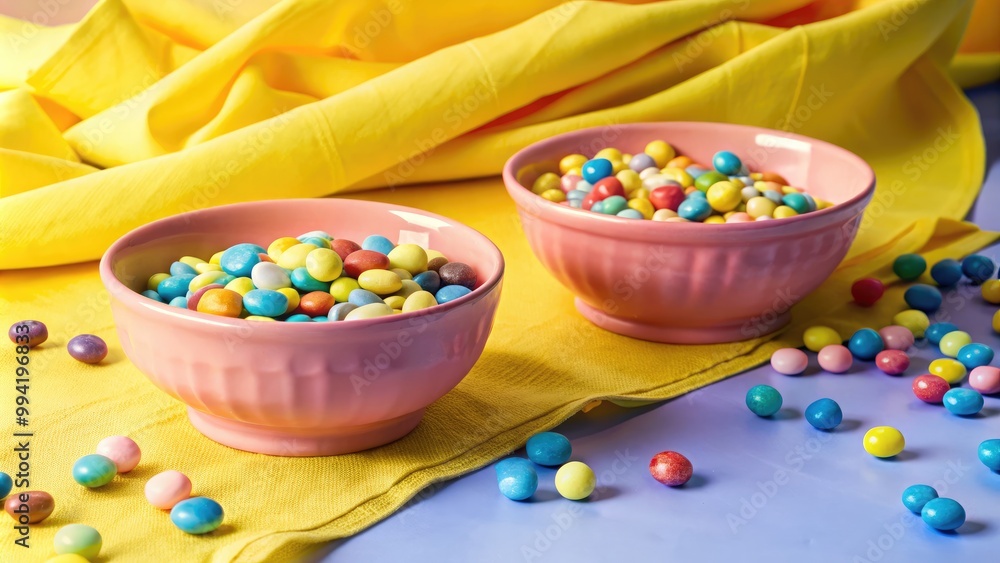 Bowls of colorful candies on a bright yellow cloth. Bowls of colorful candies on a bright yellow cloth.