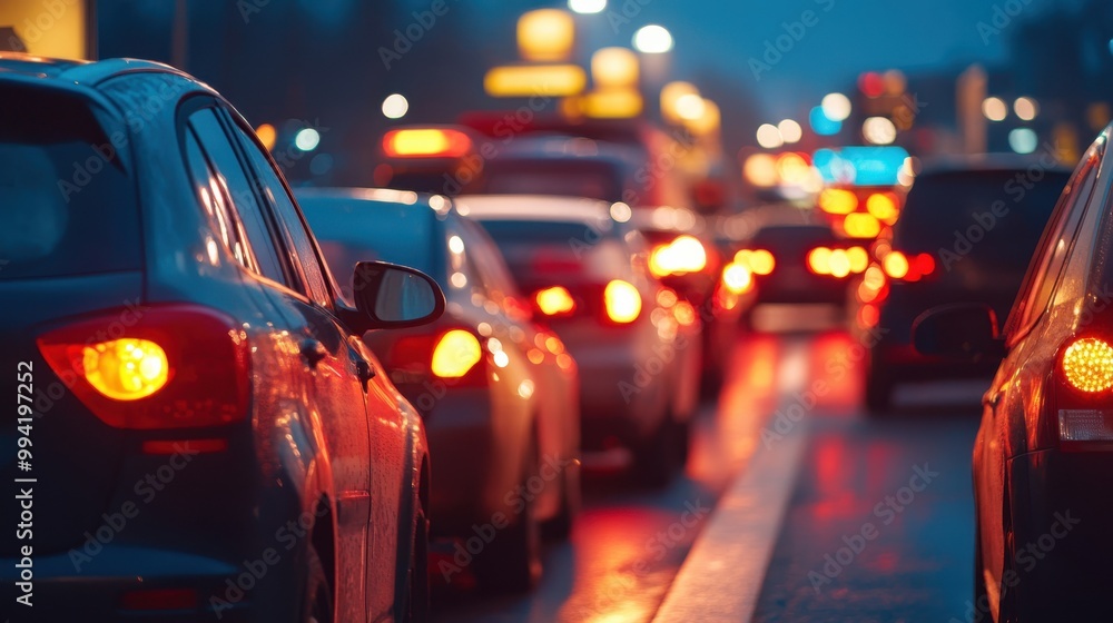 Evening traffic jam with blurred headlights and taillights along a city street during rain Evening traffic jam with blurred headlights and taillights along a city street during rain