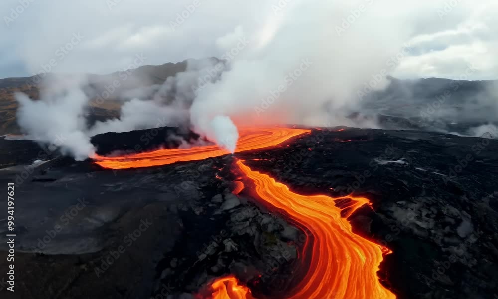 bird's eye view of a spectacular volcanic eruption showcasing bright orange lava flowing down the mountainside, surrounded by thick black smoke billowing into the sky above the landscape. bird's eye view of a spectacular volcanic eruption showcasing bright orange lava flowing down the mountainside, surrounded by thick black smoke billowing into the sky above the landscape.