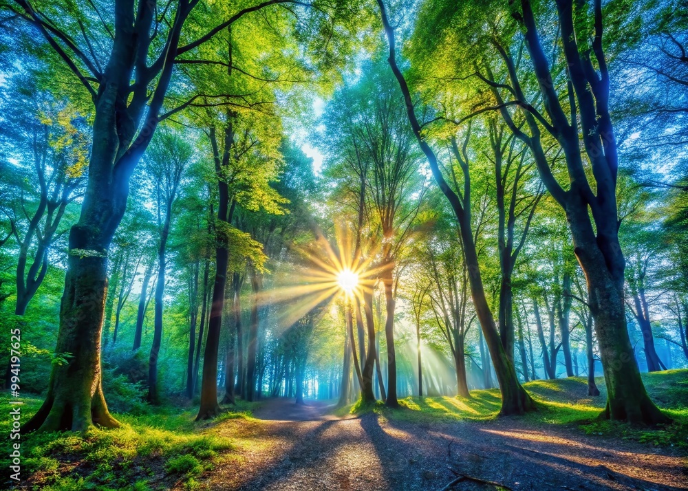 Fototapeta premium Ethereal Blue Sunlight Streaming Through Trees in a Serene Natural Environment During Daylight Hours