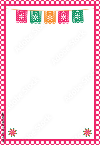 Vector frame with holiday flags and flowers on a transparent background. Mexican fiesta - holiday frame, social media story. Design element for banner, poster.