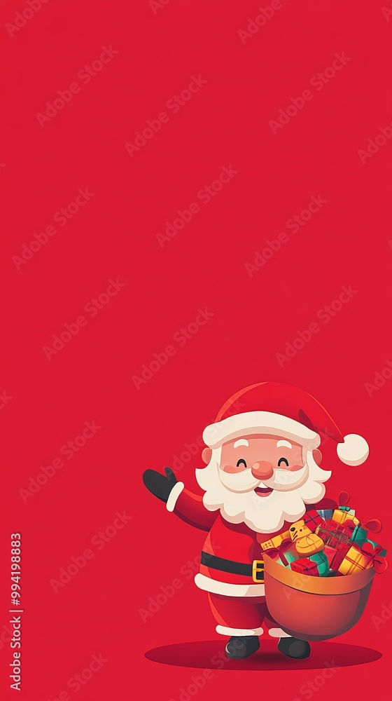A red background with a cartoonish Santa Claus holding a basket of presents A red background with a cartoonish Santa Claus holding a basket of presents